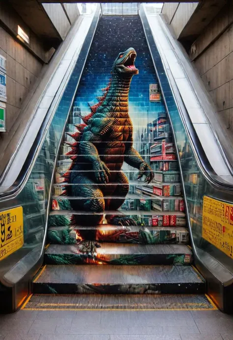 masterpiece, best quality, escalator, godzilla on stair of japanese train station, (high detailed skin:1.2), 8k uhd, dslr, soft lighting, high quality, film grain, Fujifilm XT3, escalator-art