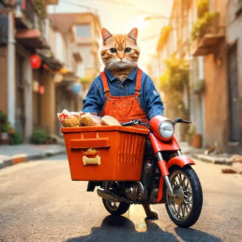 A cat delivering food, dressed in overalls, street, motorcycle