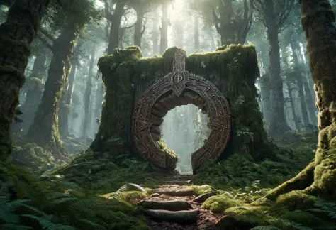 Hyperrealistic art fantasy forest landscape, a magic rune covered portal in the forest, a detailed matte painting by Mike Winkel...