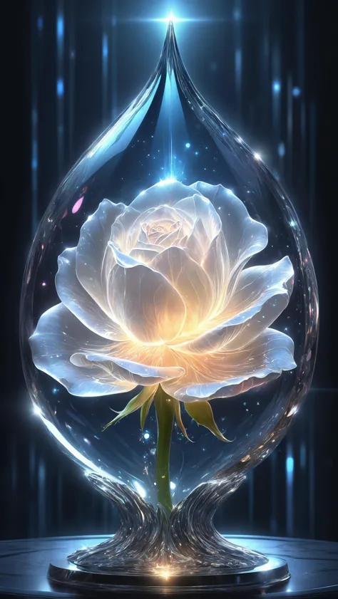 breathtaking a digital illustration of a large translucent glass rosebud , detailed, refractions, reflective,  (transparent peta...