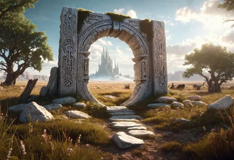 Hyperrealistic art fantasy Prairie landscape, a Rune covered (marble (stone)) portal in the Prairie, a detailed matte painting by Mike Winkelmann, cgsociety, fantasy art, forest portal, , cgsociety 9 . Extremely high-resolution details, photographic, realism pushed to extreme, fine texture, incredibly lifelike