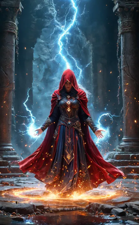 1 Sorceress, middle aged, 
A Sorceress wearing leather boots, silk robes, and a red velvet cloak, casting water magic with one hand and lightning magic with the other, and writing large, glowing ancient runes.
Break, Inside the huge outdoor ruins on a dark night, a large rune is carved into the floor in the center. A shining elemental in the form of a ring floating in the air.
Break, full shot, cinematic lighting, dramtic Scene, fantasy
<lora:add-detail-xl:0.6>, <lora:xl_more_art-full_v1:0.5>, <lora:Fantasy_Wizard__Witches_SDXL:0.6> hkmagic,