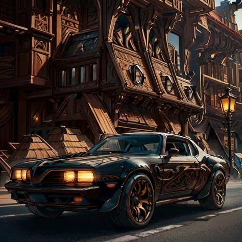 beautiful linework thick-outlines strong-shadows muscle-car-made-of-wood-and-iron woodironai (Futuristic-style-:1.3) Sleek modern ultramodern high-tech detailed soft-diffuse-lighting (masterpiece best-quality absurdres detailed ultra-detailed:1.3) (ornate-details:1.3)