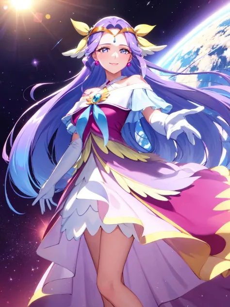 a woman in a dress and a crown standing in front of a planet