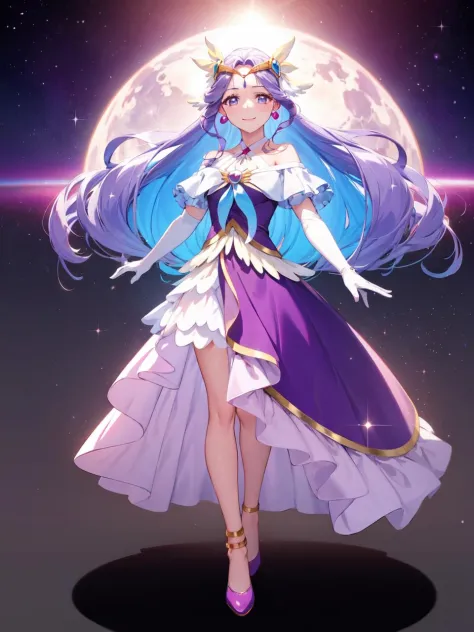 a woman in a purple dress and a blue cape is standing in front of a full moon