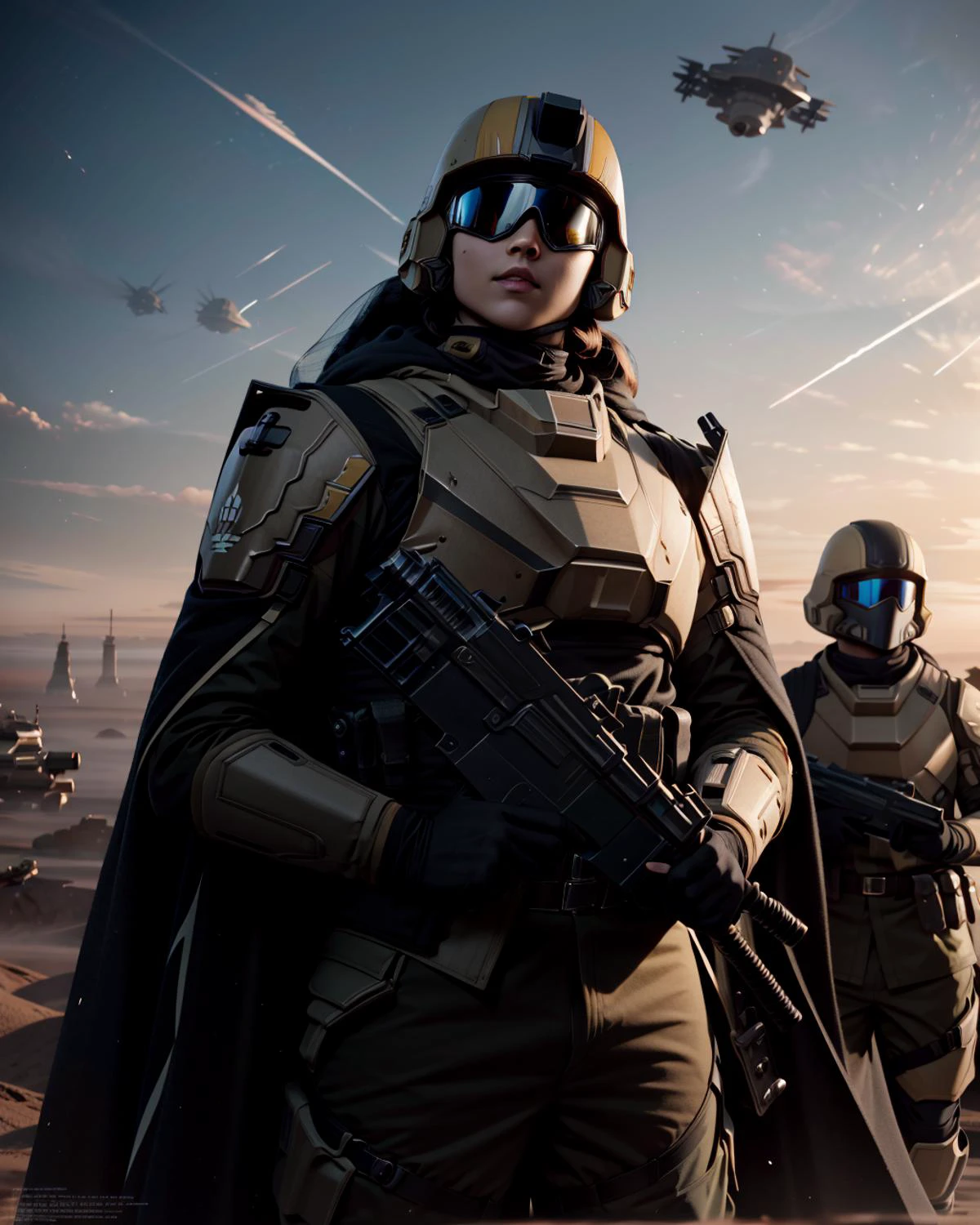 best quality,masterpiece,highly detailed,ultra-detailed, 
 1girl, multiple boys, military, very long hair, 
 helldivers, science fiction,armor, cape,  , holding, , sky, solo,  rifle,
