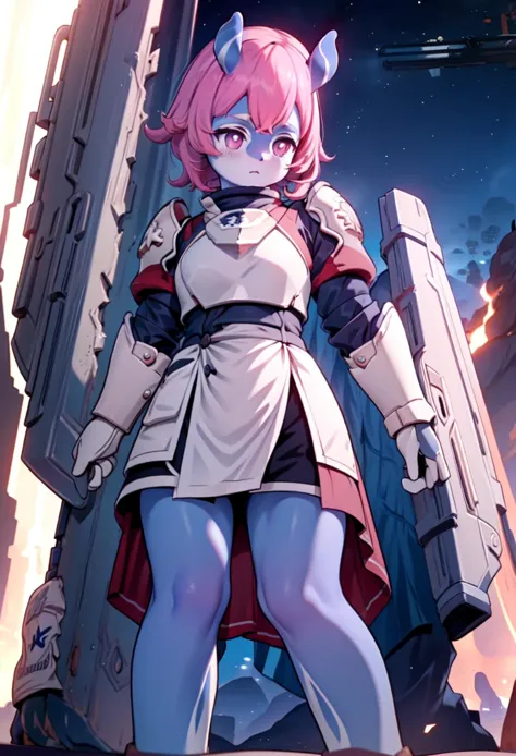 (extremely detailed CG, best quality:1.1), (masterpiece), best quality, 1girl, full body, straight ears, blue skin, pink hair, perfect lighting, spaceship, detal background, melusine, helldivers, holding, military, (rifle:1.8),rifle in hands, solo, (armor:1.5) CS-PYS CS-MNC <lora:MelusineV3:0.9>,  <lora:m4a1:1>