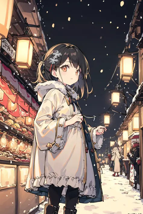 masterpiece, (best quality), (ultra-detailed:1.4), original character, portrait of a young woman standing in a busy winter night...