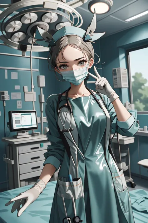 anime nurse in operating room with surgical equipment and face mask