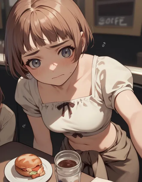 anime girl with a hamburger and a drink at a table