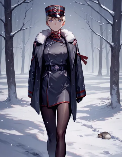 score_9, score_8_up, score_7_up, score_6_up, score_5_up, score_4_up, source_anime
<lora:last-exile-v2-ponyxl-000014:1> 
tatiana, military hat, jacket on shoulders, fur trim, military uniform, pantyhose,
1girl, walking, winter, snow, blizzard