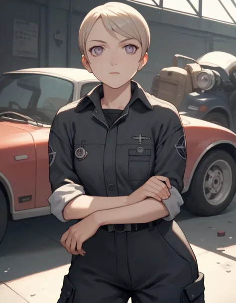 a woman in a uniform standing in front of a car