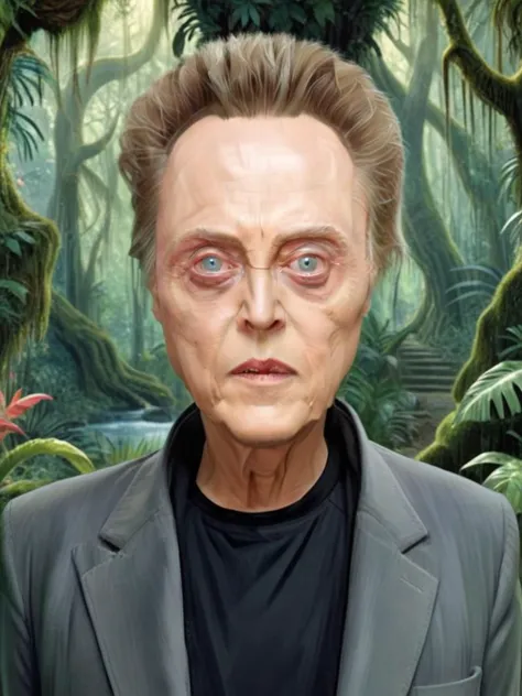 detailed background, character portrait of <lora:Christopher_Walken_XL:0.9> Christopher Walken man  , garden of eden fantasy location , mystical rainforest background, , <lora:CaricatureStyle:0.8>  , <lora:GermanExpressionism:0.9> GermanExpressionism