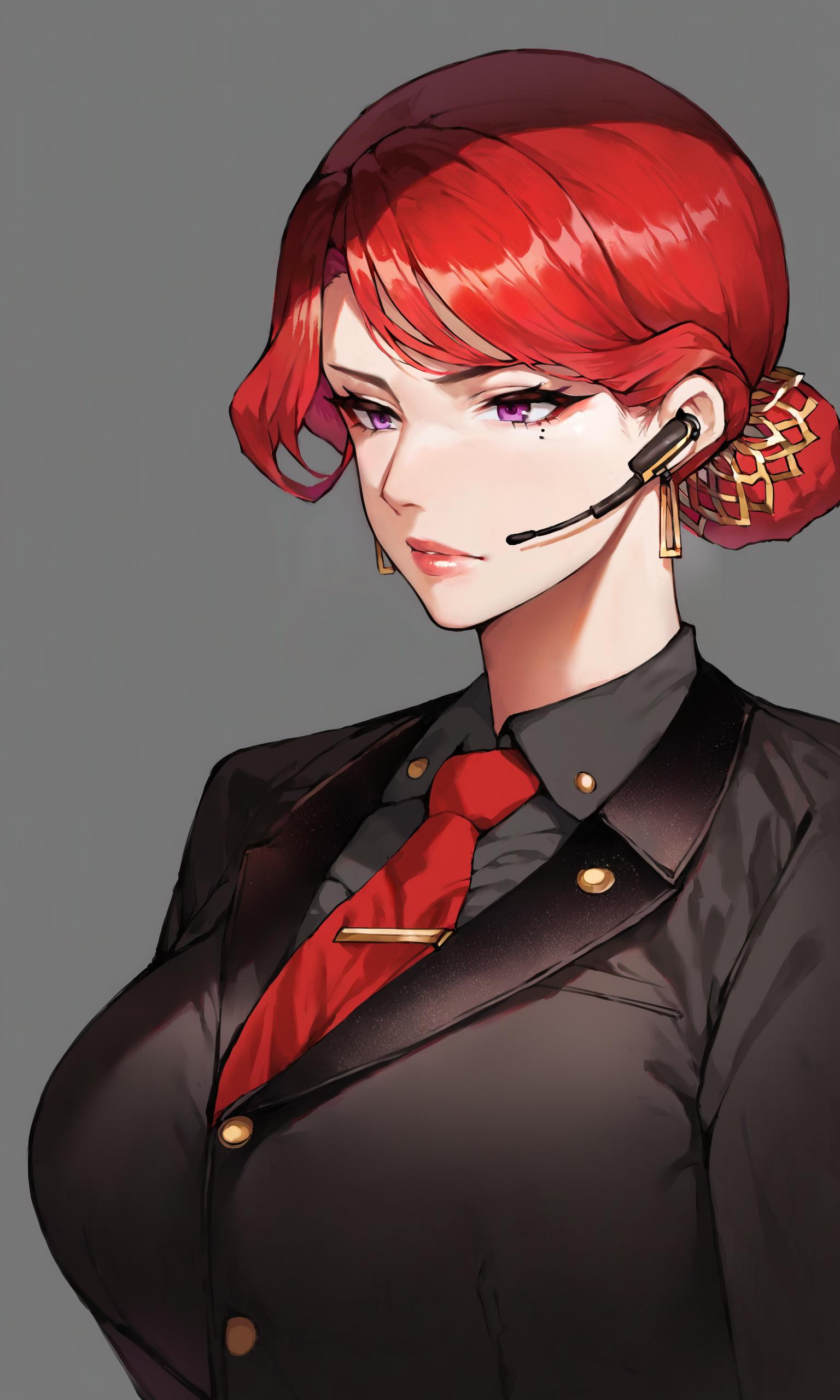 Anime girl with red hair and a black jacket and red tie - SeaArt AI