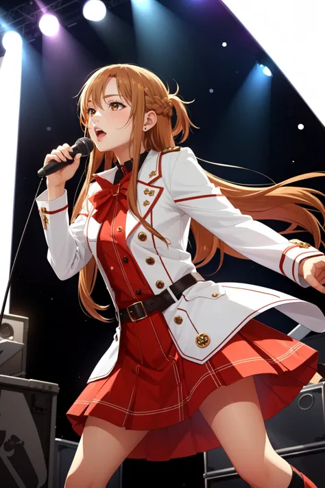 (masterpiece, best quality),  intricate details,
1girl,    <lora:asuna_sao-10:0.8> asuna, very long hair, skirt
indoors, singing, holding microphone, on stage, concert,