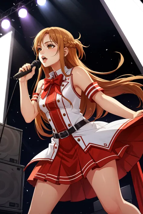 (masterpiece, best quality),  intricate details,
1girl,    <lora:asuna_sao-10:0.8> asuna, very long hair, skirt
indoors, singing, holding microphone, on stage, concert,