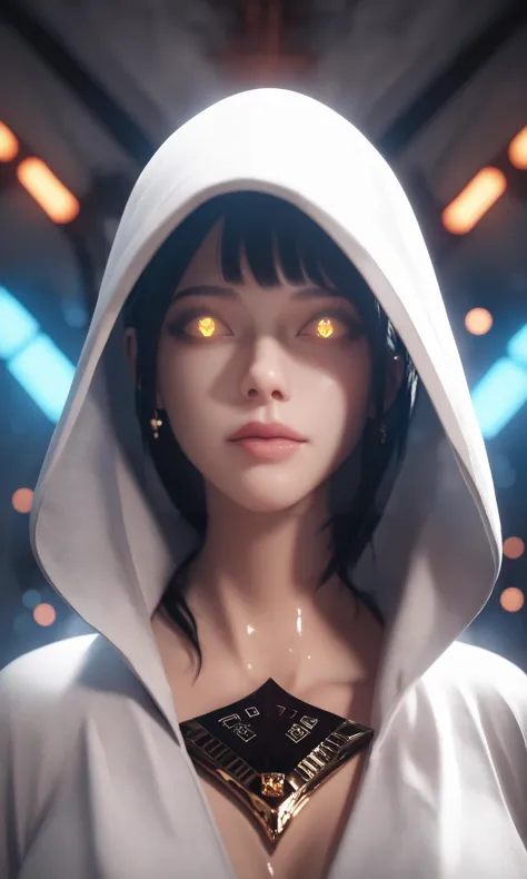 a woman in a white hoodie with yellow eyes and a necklace