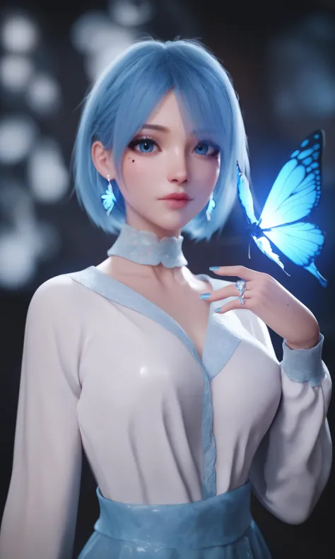 a woman with blue hair holding a butterfly in her hand