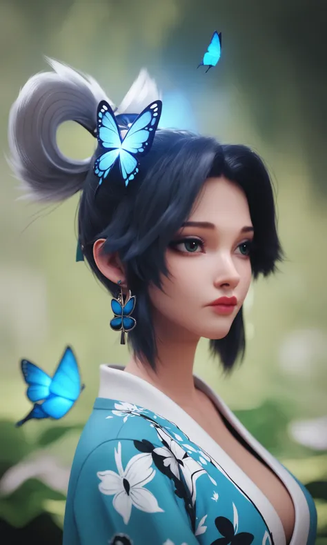 a woman with a butterfly in her hair and a blue butterfly in her hair