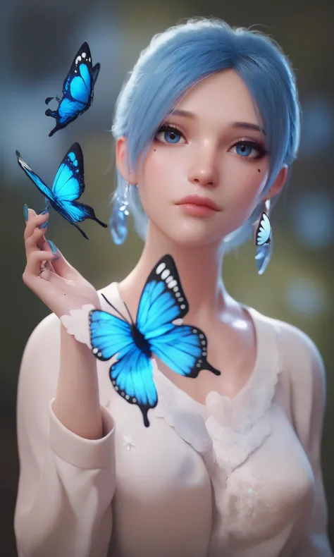 a woman with blue hair holding a butterfly in her hand