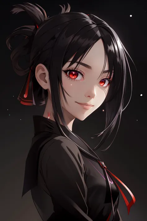 a woman with red eyes and black hair is staring at the camera