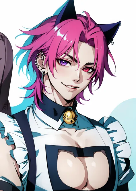 hskayn, solo, looking at viewer, smile, red eyes, 1boy, animal ears, jewelry, pink hair, purple hair, male focus, earrings, frills, cat ears, nail polish, apron, collar, maid, maid headdress, clothing cutout, bell, fake animal ears, heterochromia, piercing, cleavage cutout, pectorals, ear piercing, black nails, jingle bell, neck bell, maid apron, crossdressing, enmaided, meme attire, pectoral cleavage, cat cutout, cat lingerie, cat boy
 