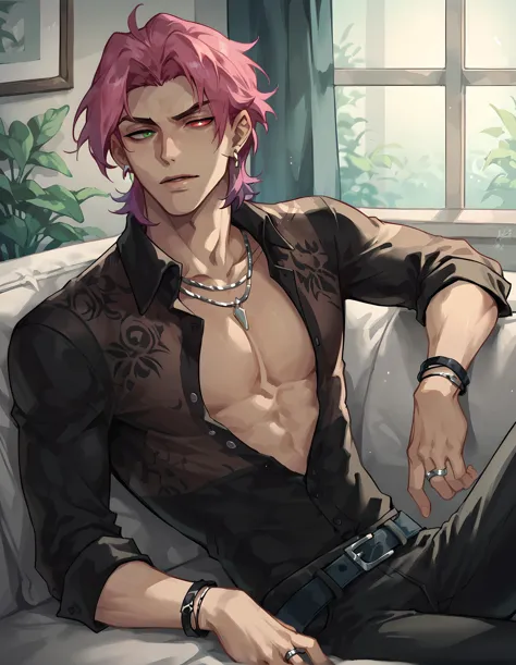 score_9, score_8_up, score_7_up, hs kayn, solo, looking at viewer, shirt, 1boy, jewelry, sitting on sofa, upper body, pink hair,...