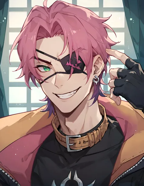 score_9, score_8_up, score_7_up, hs kayn, solo, looking at viewer, smile, short hair, shirt, gloves, 1boy, jewelry, green eyes, jacket, pink hair, male focus, earrings, black gloves, fingerless gloves, grin, collar, parted bangs, black shirt, eyepatch, single earring, 
<lora:HS_Kayn_Test2:0.76>, zPDXL, indoors