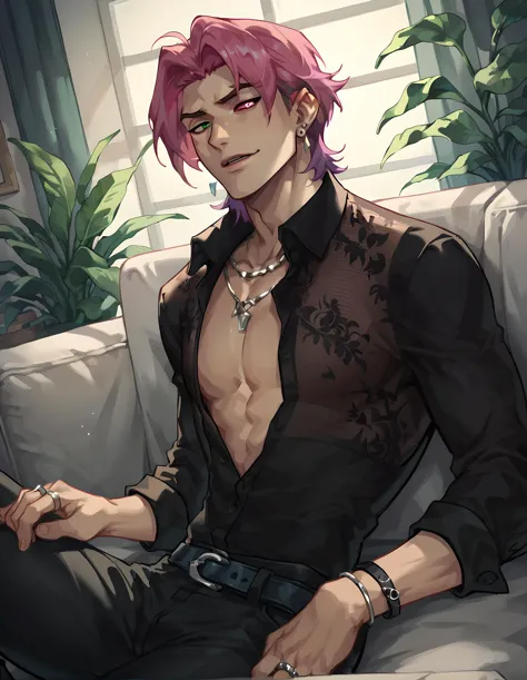 score_9, score_8_up, score_7_up, hs kayn, solo, looking at viewer, shirt, 1boy, jewelry, sitting on sofa, upper body, pink hair,...