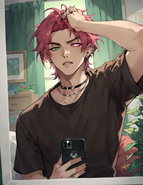score_9, score_8_up, score_7_up, hs kayn, solo, looking at viewer, short hair, shirt, 1boy, holding, jewelry, green eyes, jacket...