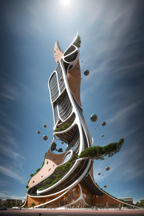 A futuristic and stunningly beautiful high-rise shopping center architectural structure with bold, futuristic design elements, blending seamlessly into the art form of digital illustration. Inspired by the works of Syd Mead. The scene showcases the center ...