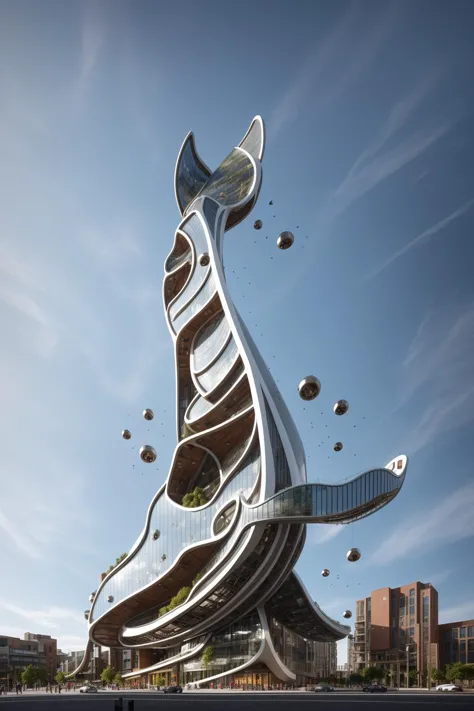 A futuristic and stunningly beautiful high-rise shopping center architectural structure with bold, futuristic design elements, blending seamlessly into the art form of digital illustration. Inspired by the works of Syd Mead. The scene showcases the center ...
