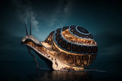 A captivating digital illustration portrays an iconic floating opera house surrounded by water. This masterpiece takes inspiration from renowned architectural marvels. The chosen artist, renowned for their ability to blend fantasy and reality, brings life ...