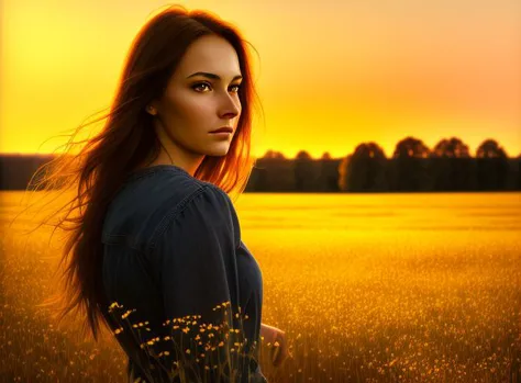 a close up of a woman standing in a field of grass