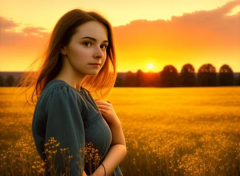 Portrait, cute woman, staring at meadow during sunset