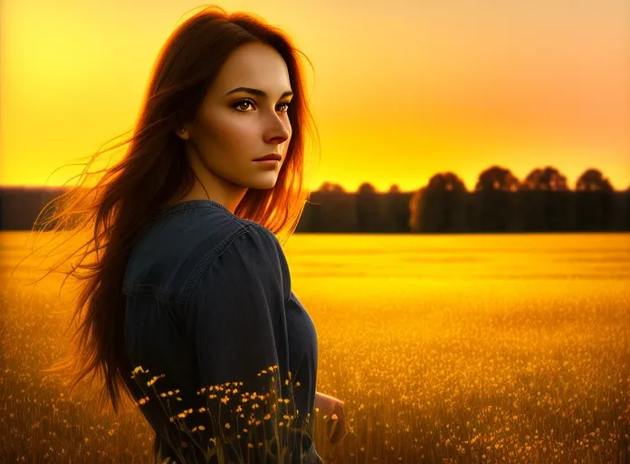 portrait, beautiful woman, staring at meadow during sunset