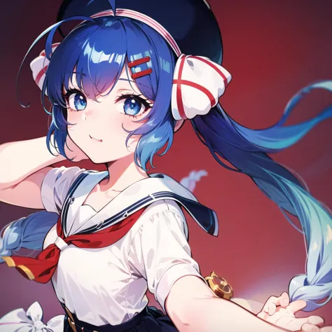 anime girl with blue hair and a sailor outfit holding a sword