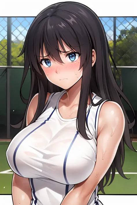 1girl, bare_shoulders, black_hair, blue_eyes, breasts,   sleeveless, sweat,   <lora:kitamura_kaori:0.8>, closed mouth, frown, white tennis uniform,kitamurakaori