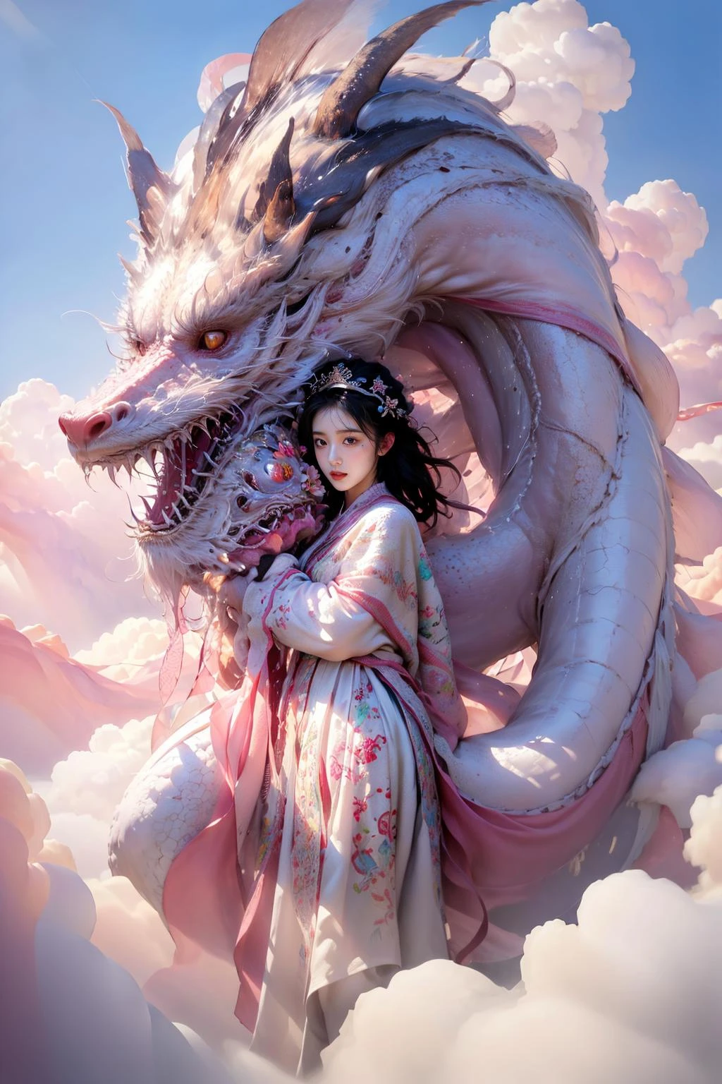 photorealistic,realistic,photography,masterpiece,best quality,ultra-detailed,extremely detailed CG unity 8k wallpaper,1girl,cloud,pink theme,pink white dragon,