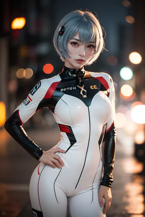 1girl, solo, photography, portrait of reiayanami girl wear white suit in sci-fi hanggar, bokeh, realistic, absurdes, detailed,  ...