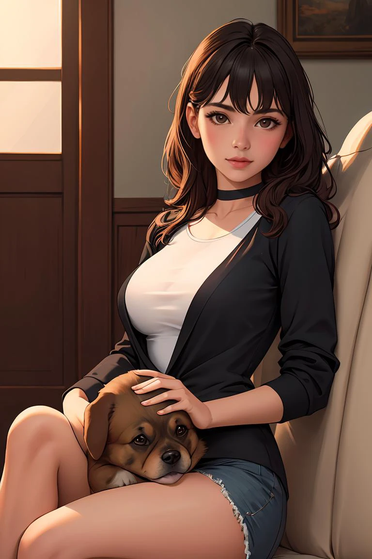 Meisterwerk,beste Qualität,gute Qualität, ein Mädchen sitzt mit einem Hund