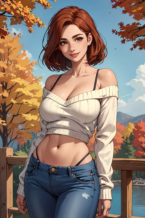 masterpiece, best quality, cartoon rendering, upper body, solo, 26 year old woman, smile, auburn hair, brown eyes, freckles, wid...