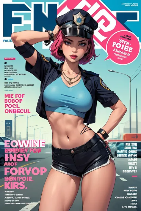 illustration,(Magazine cover-style illustration of a fashionable woman in a vibrant outfit), posing in front of a colorful and dynamic background. She has a confident expression and is holding a statement accessory, The text on the cover should be bold and attention-grabbing, with the title of the magazine and a catchy headline. The overall style should be modern and trendy, with a focus on fashion and lifestyle), wall paper,crowds,fashion,Lipstick,ray tracing,depth of field, street,in public,day 1girl,solo,looking at viewer, glossy skin, contrapposto, navel, midriff, necklace, female focus,model,medium breasts, ,street,in public,police hat, police uniform, handcuffs,short shorts, arms crossed, cool, see-through, school uniform,jitome, ,underboob,floating hair, sexy ,fine fabric emphasis,<lora:GoodHands-beta2:1>,