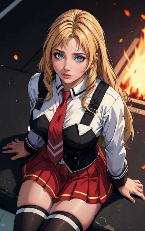 ((masterpiece, best quality)), insaneres, absurdres, solo, outdoors,
CLOTHING_BibleBlack_SchoolDress_ownwaifu, 
1girl, blonde hair,  long hair, blue eyes, 
black vest, red skirt, white shirt, collared shirt, suspenders, school uniform, black thighhighs, zettai ryouiki, necktie, long sleeves, pleated skirt, red necktie, 
(from above, sitting)<lora:CLOTHING_BibleBlack_SchoolDress_ownwaifu:0.9>,
lens flare, depth of field, bokeh, embers, vanishing point, looking at viewer,