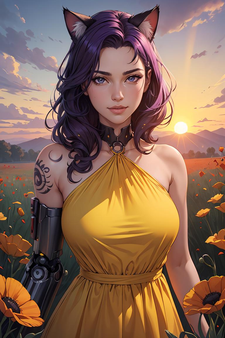 A woman in a yellow dress with a cat ear and a gun - SeaArt AI