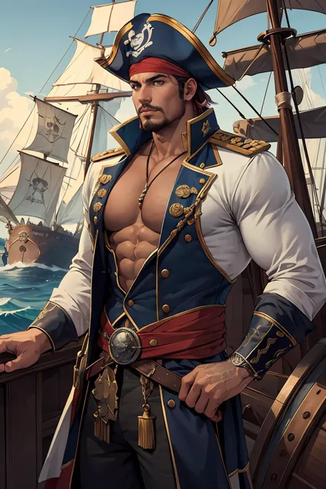 a pirate captain on a ship,muscular,large pectorals,best quality,masterpiece,extremely detailed,intricate details,