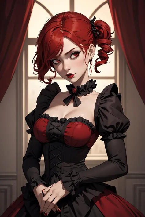 (masterpiece, best quality), 1girl, red hair, medium chest, gothic frill dress, pervert face,