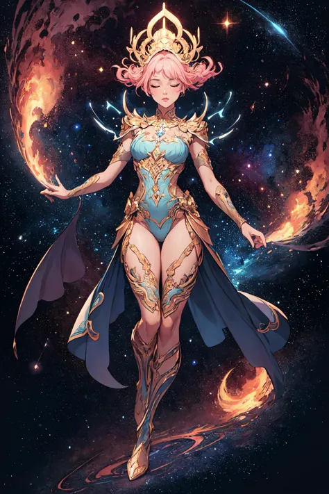 a woman in a blue dress and a crown standing in front of a galaxy