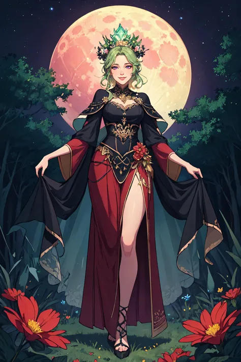 a woman in a red dress standing in front of a full moon