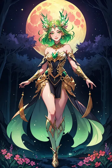 a woman in a green and gold costume walking through a forest